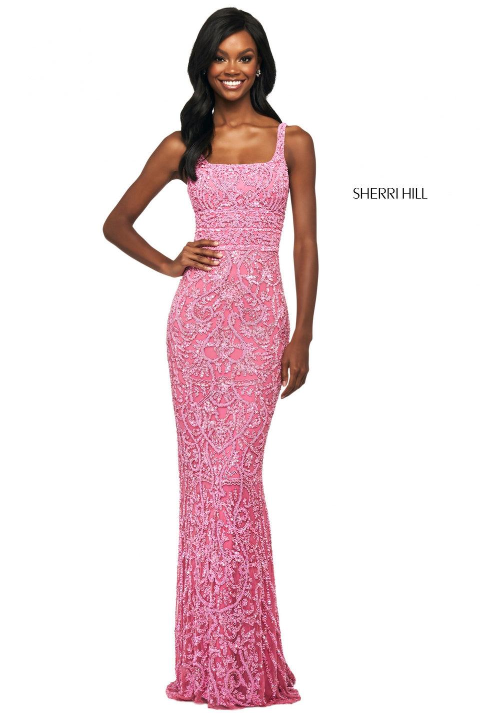 Sherri Hill Beaded Column Dress With Straight Neckline And Corset Style Lace Up Back