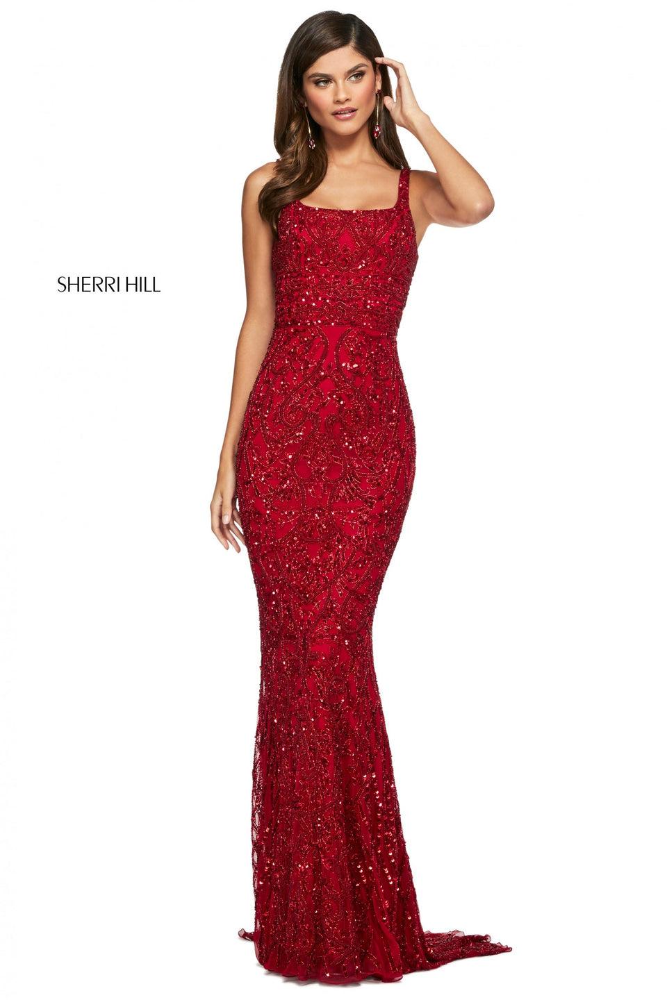 sherri hill Beaded column dress with straight neckline and corset style lace up back