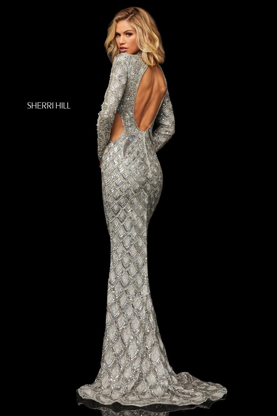 Sherri Hill Beaded Column Gown With High Neckline Long Sleeves Side Cut Outs And Open Back