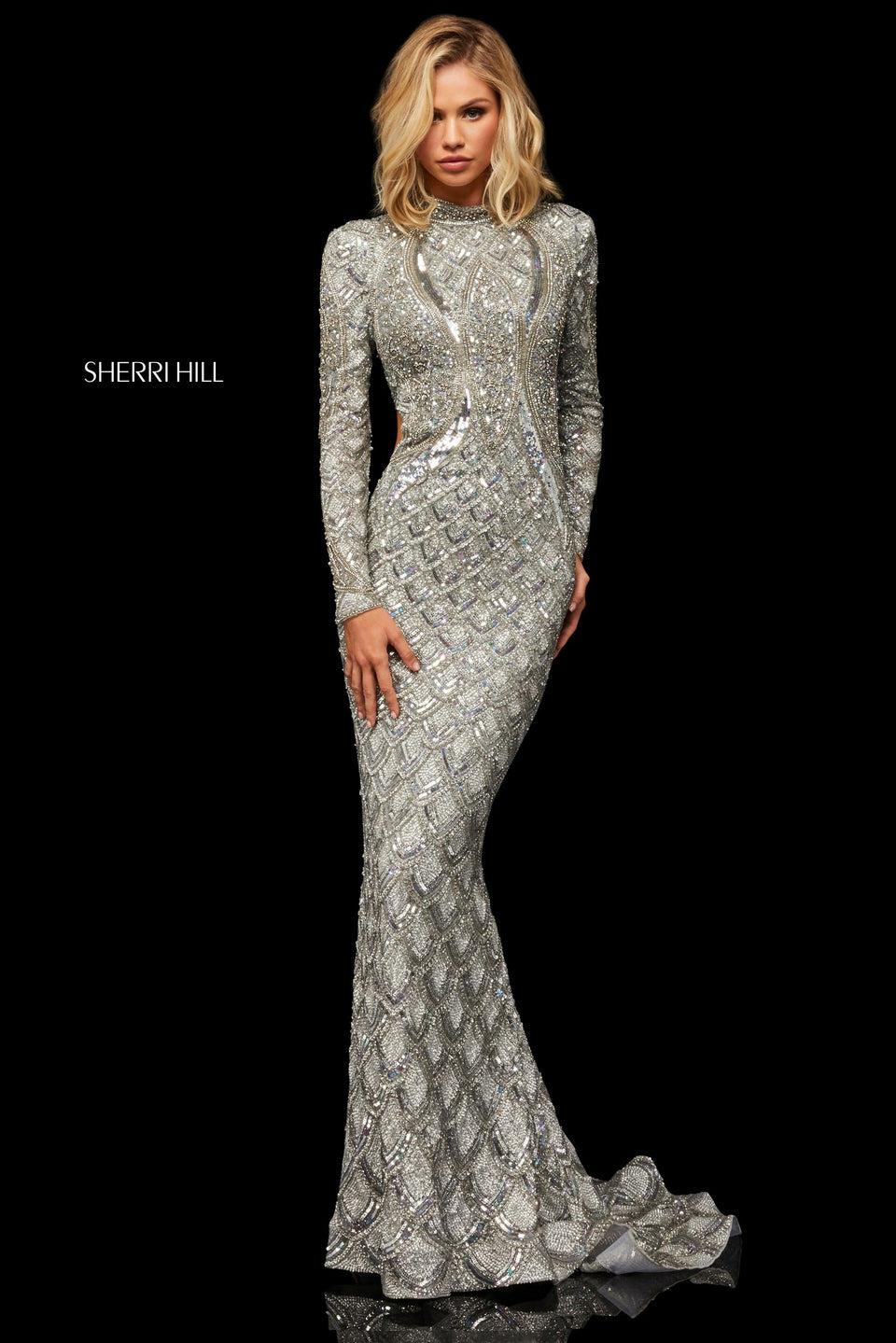 Sherri Hill Beaded Column Gown With High Neckline Long Sleeves Side Cut Outs And Open Back