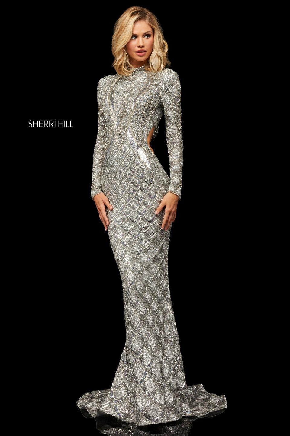 Sherri Hill Beaded Column Gown With High Neckline Long Sleeves Side Cut Outs And Open Back