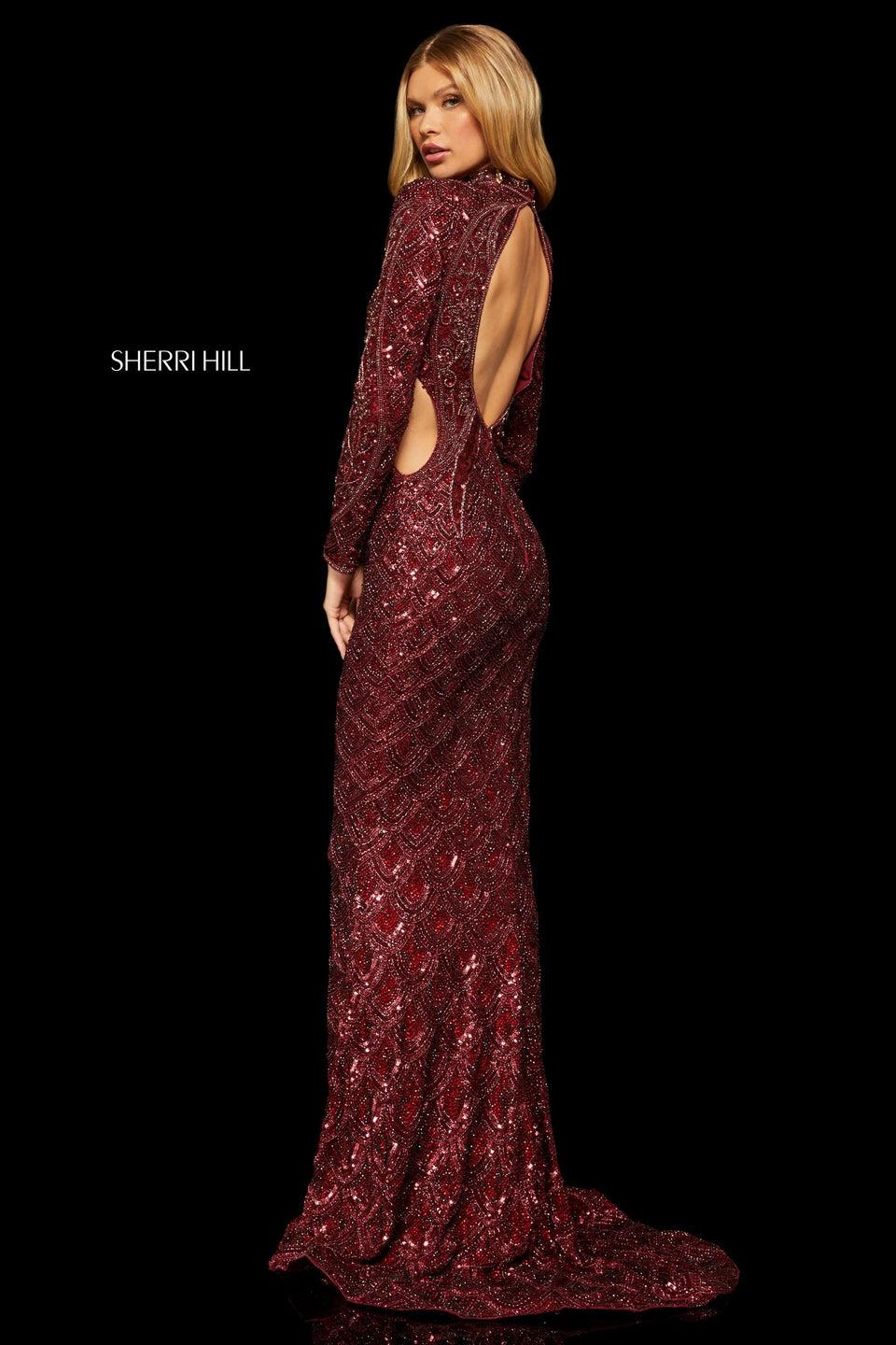 sherri hill Beaded column gown with high neckline long sleeves side cut outs and open back