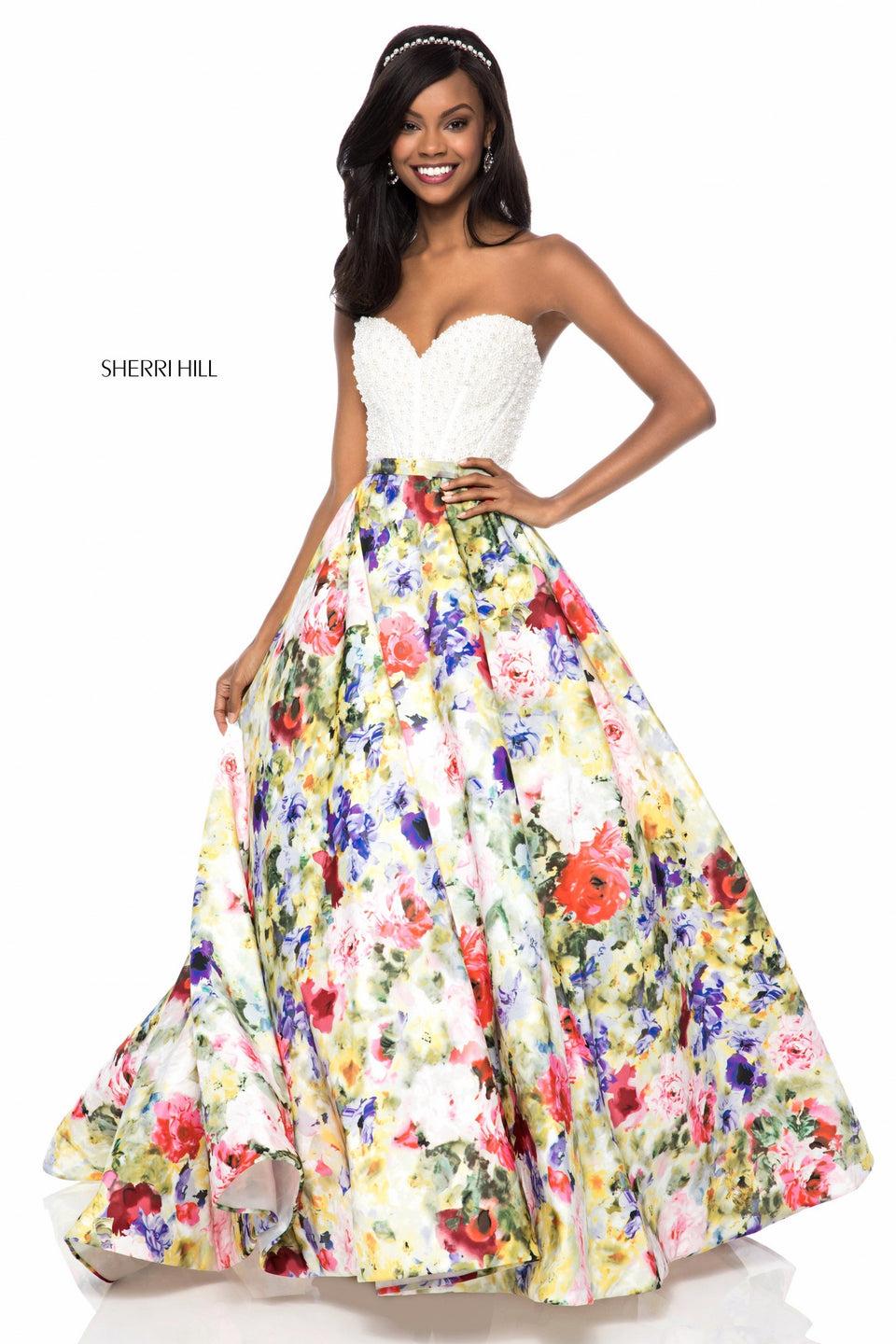 sherri hill Beaded corset bodice with floral print ball gown skirt