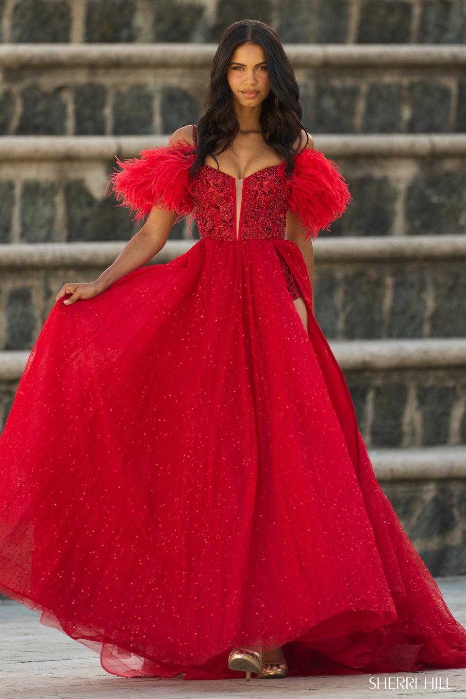 Sherri Hill Beaded Corset Bodysuit With Off The Shoulder Feathers Lace Up Back Sequin Tulle Skirt With High Slit