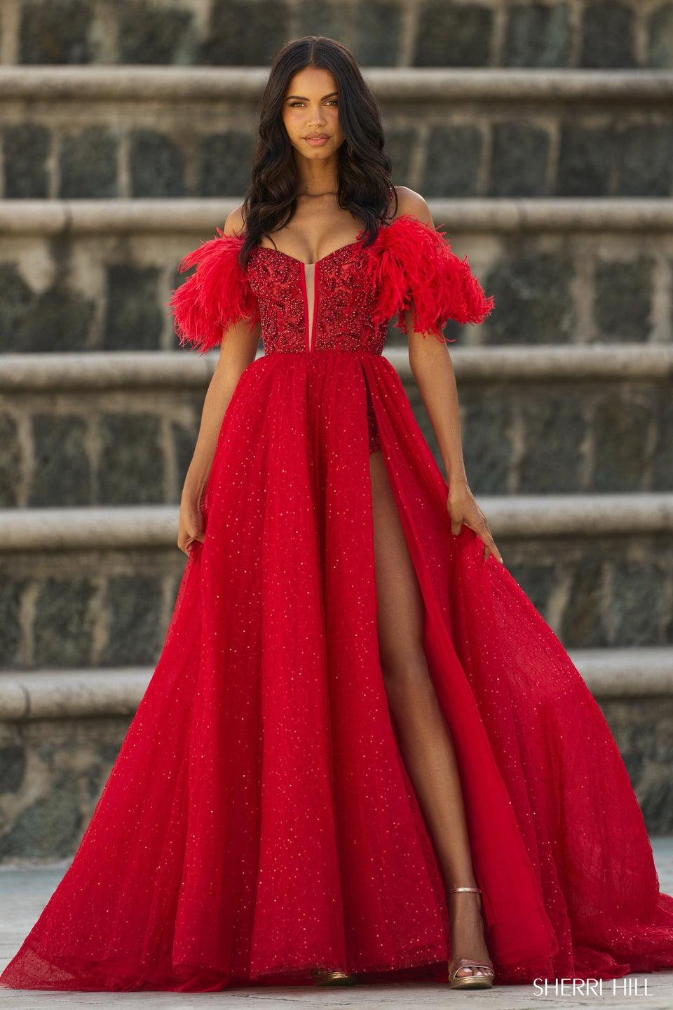 Sherri Hill Beaded Corset Bodysuit With Off The Shoulder Feathers Lace Up Back Sequin Tulle Skirt With High Slit