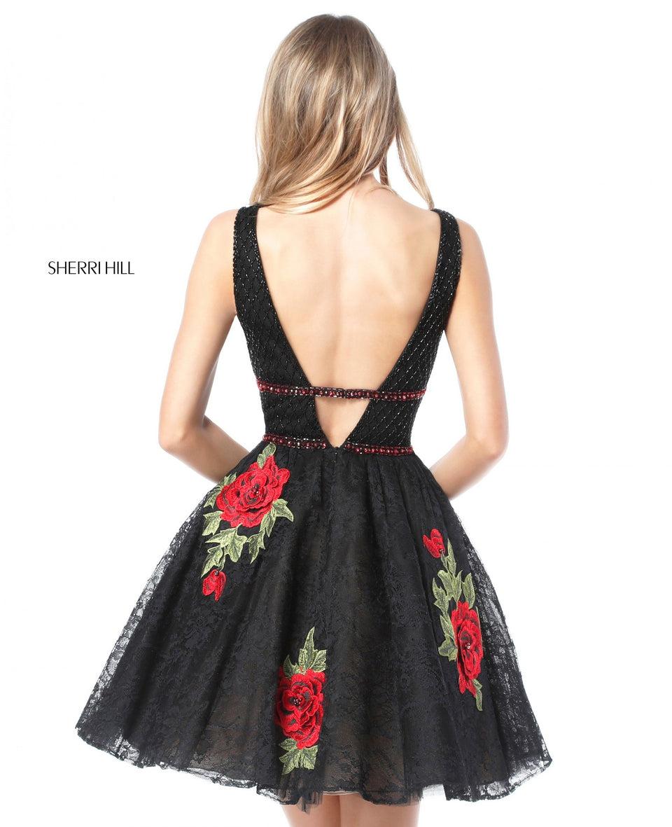 Sherri Hill Beaded Deep V Bodice With Flower And Lace Appliqued A-line Cocktail Skirt