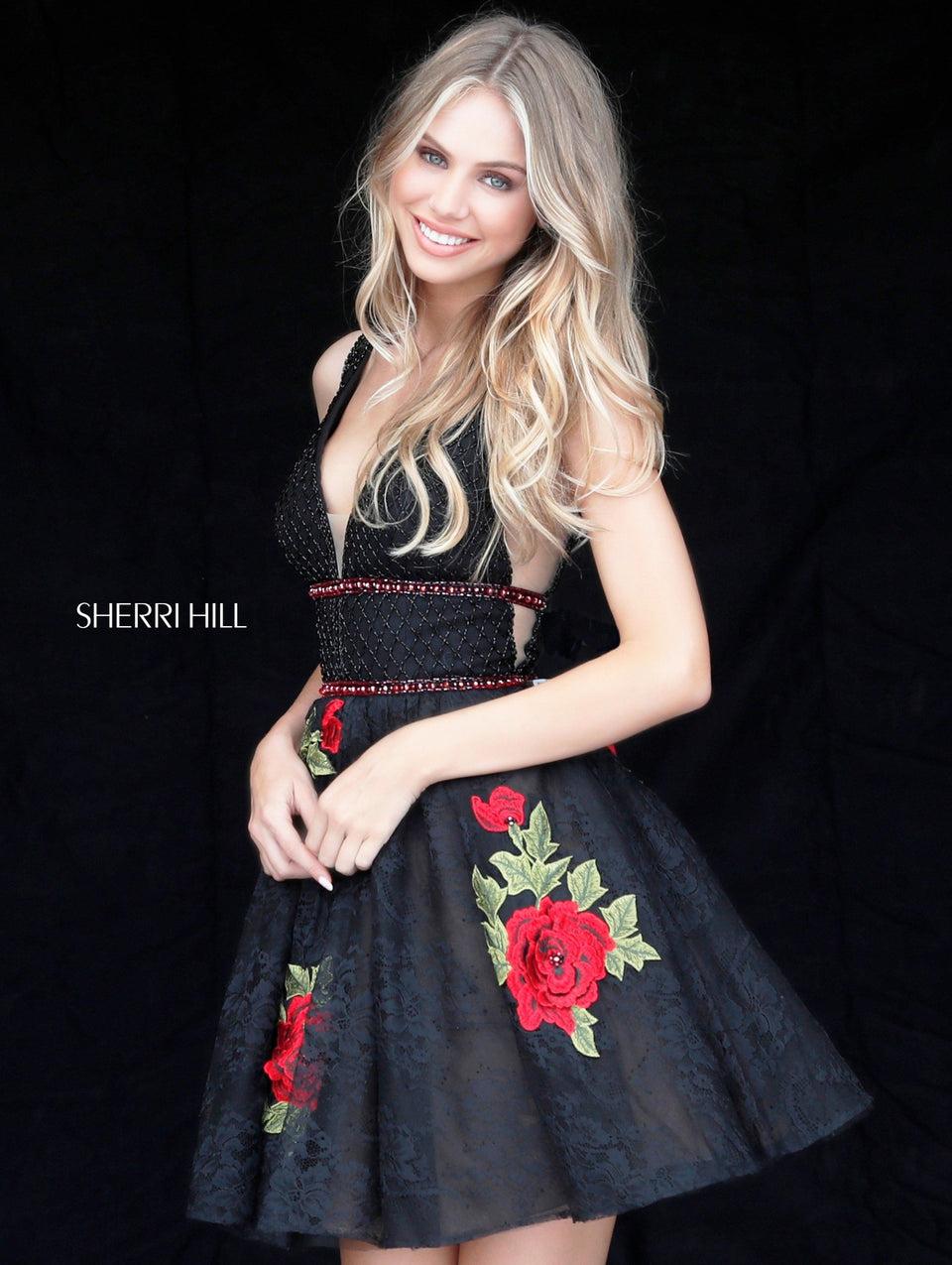 Sherri Hill Beaded Deep V Bodice With Flower And Lace Appliqued A-line Cocktail Skirt