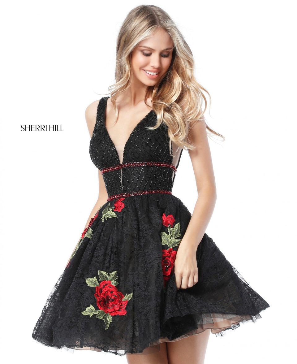 Sherri Hill Beaded Deep V Bodice With Flower And Lace Appliqued A-line Cocktail Skirt