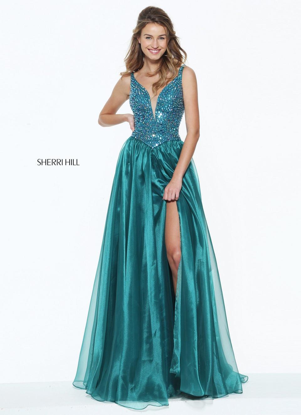Sherri Hill Beaded Deep-V Bodice With Pointed Waistline And Organza A-line Skirt