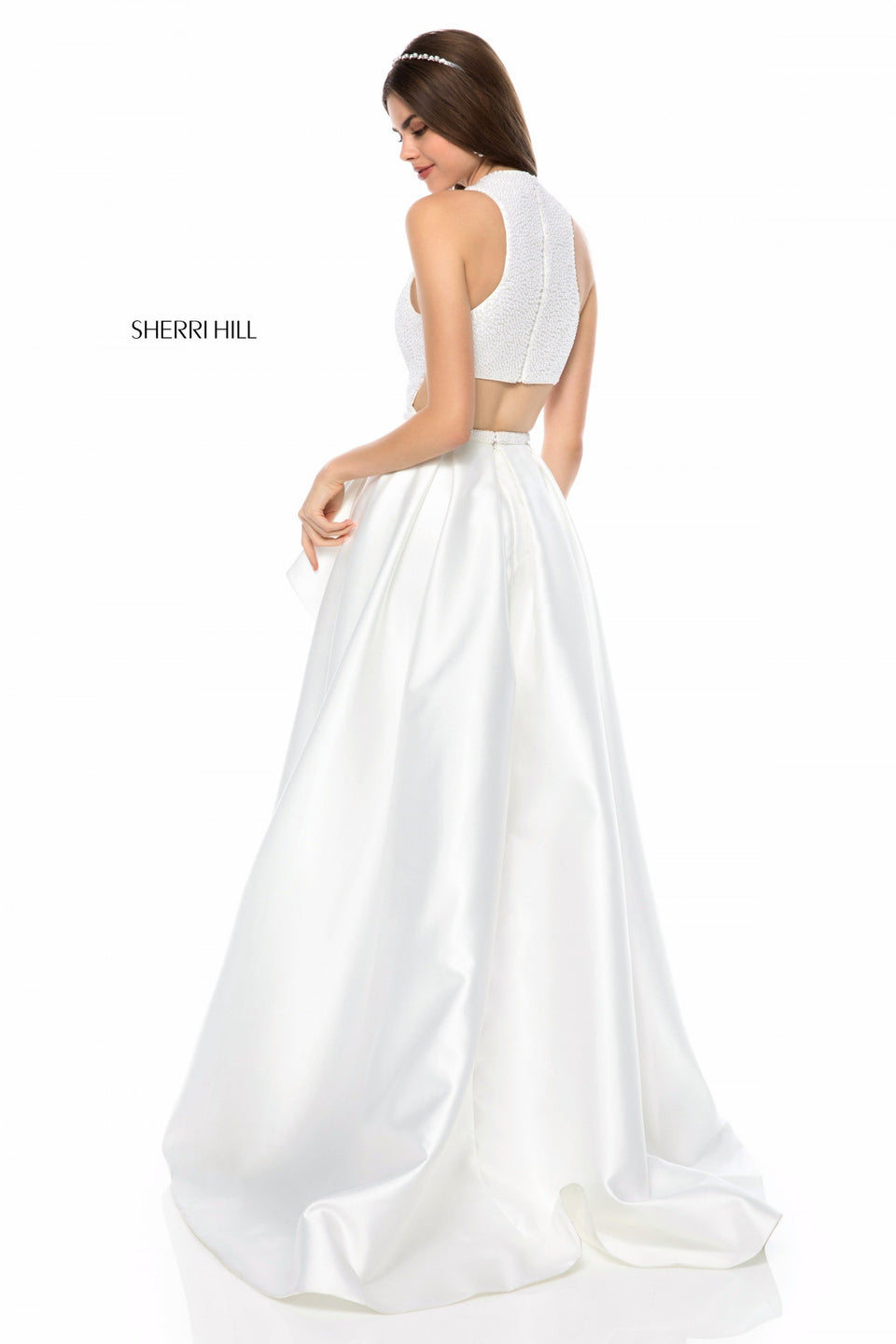 Sherri Hill Beaded Deep V Bodice With Satin Ruffle Slit Skirt