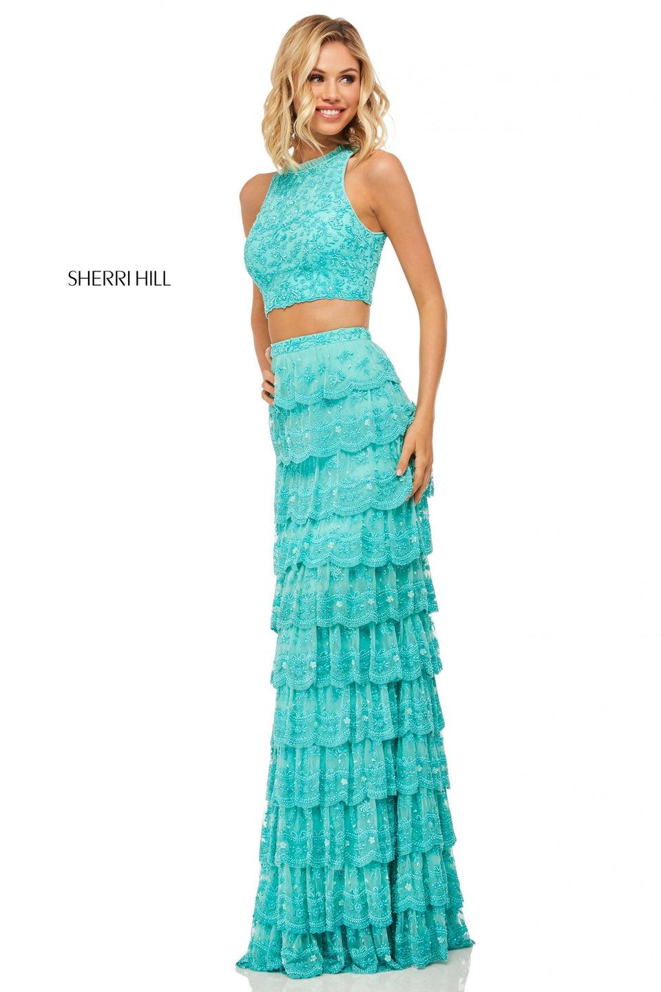 Sherri Hill Beaded Embroidered Two-piece With High-neck Top And Open Back And Scalloped Hem Tiered Skirt