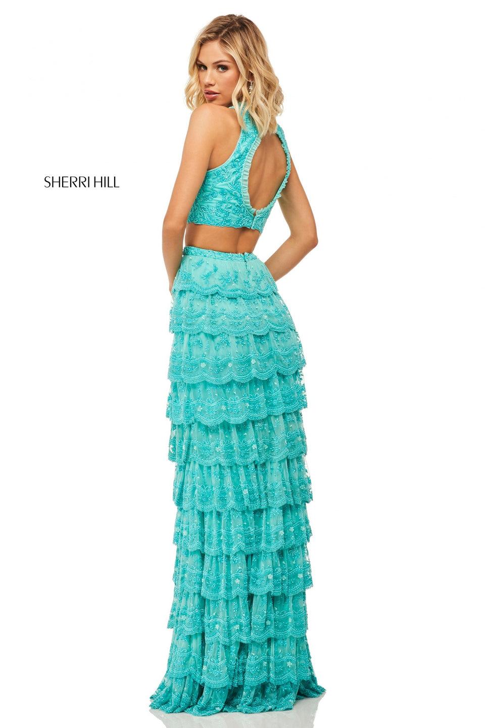 Sherri Hill Beaded Embroidered Two-piece With High-neck Top And Open Back And Scalloped Hem Tiered Skirt