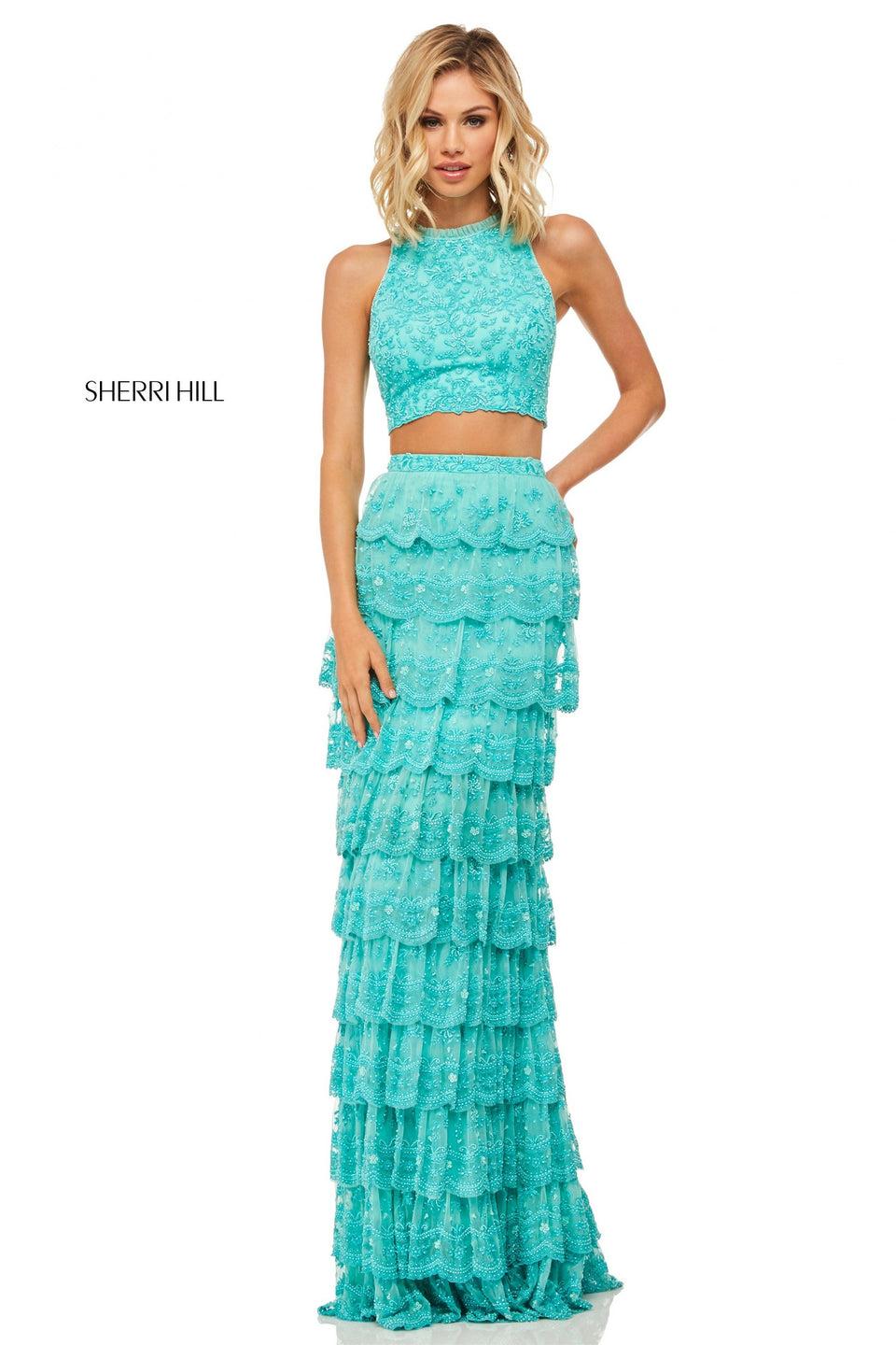 sherri hill Beaded embroidered two-piece with high-neck top and open back and scalloped hem tiered skirt