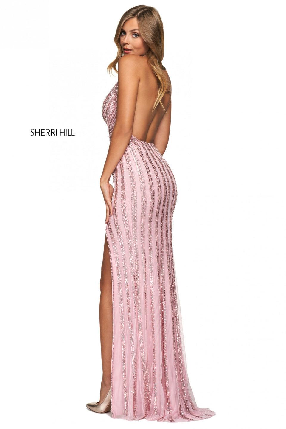 Sherri Hill Beaded Fitted Gown With A Draped Halter Neckline Open Back And Skirt Slit