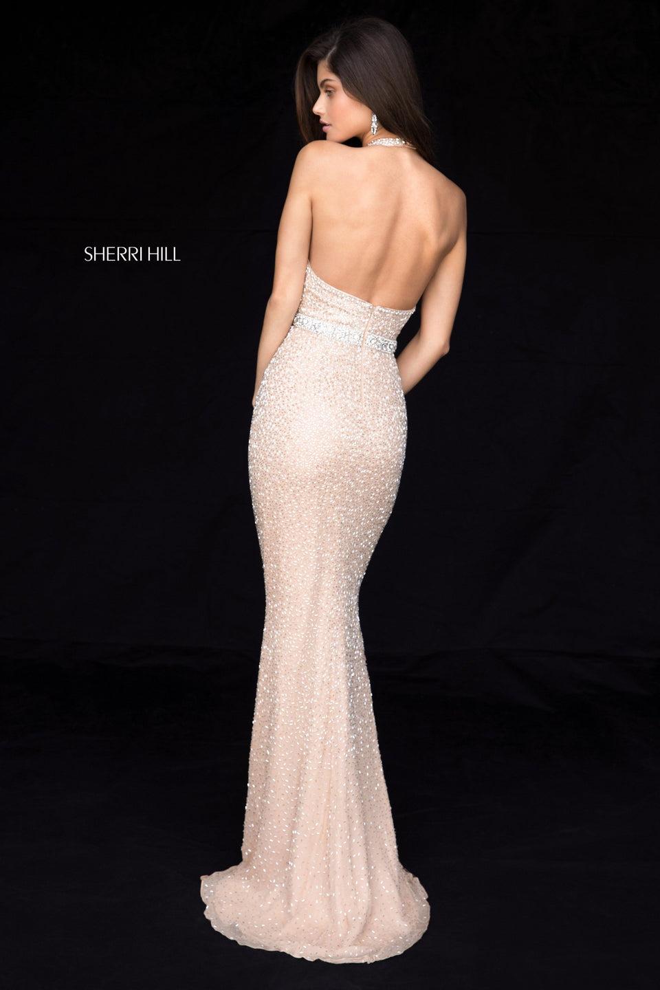 Sherri Hill Beaded Fitted Gown With Deep V Halter Bodice