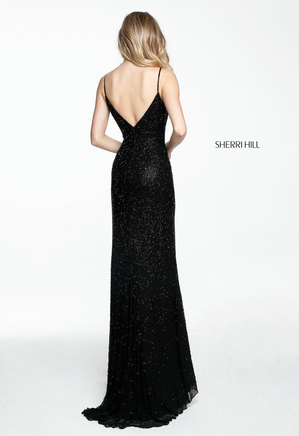 Sherri Hill Beaded Fitted Gown With Deep V Neckline And Spaghetti Straps