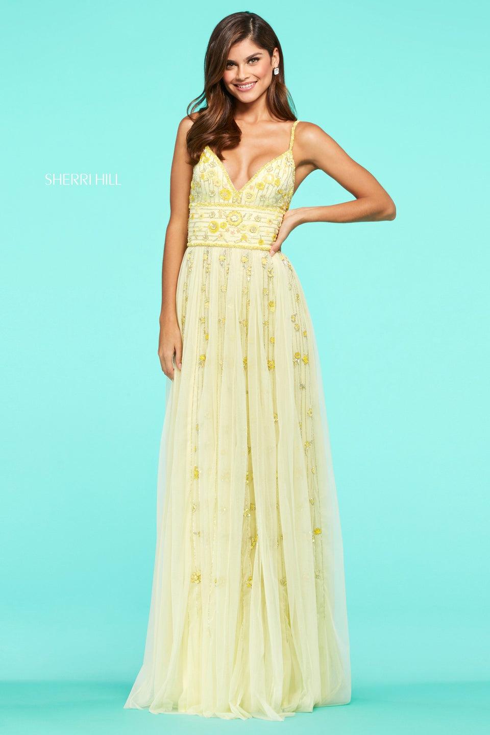 sherri hill Beaded fitted gown with flower beaded deep V neckline bodice and back with triple waistband