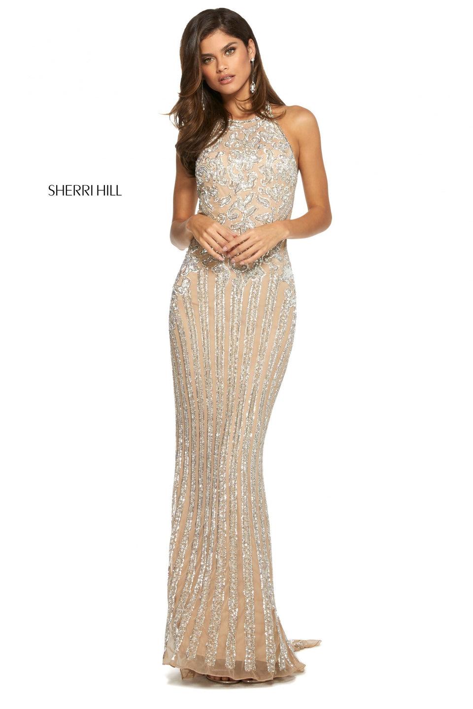 Sherri Hill Beaded Fitted Gown With High Cut Halter Style Neckline And Lace Up Back