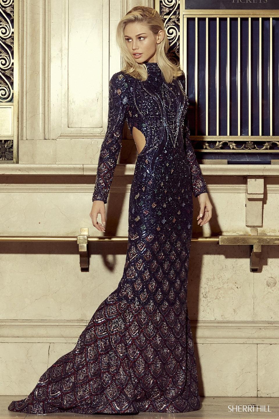 sherri hill Beaded fitted gown with high neckline side cut outs and open back