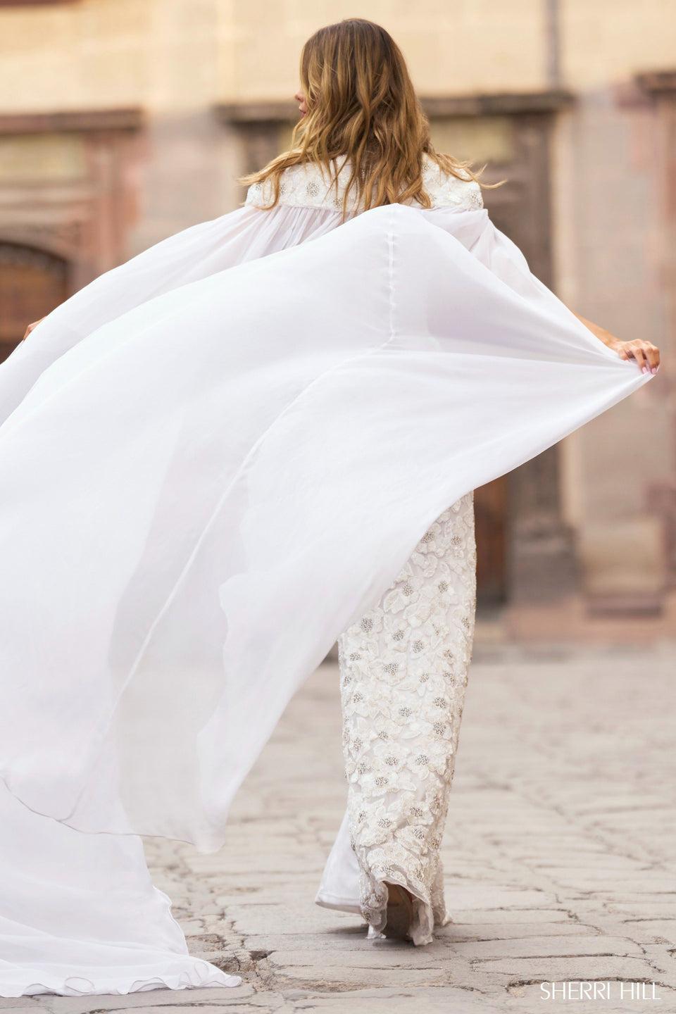 Sherri Hill Beaded Fitted Gown With High Slit And Beaded Embellished Cape