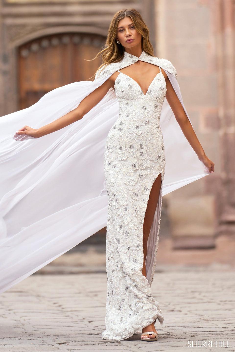 Sherri Hill Beaded Fitted Gown With High Slit And Beaded Embellished Cape