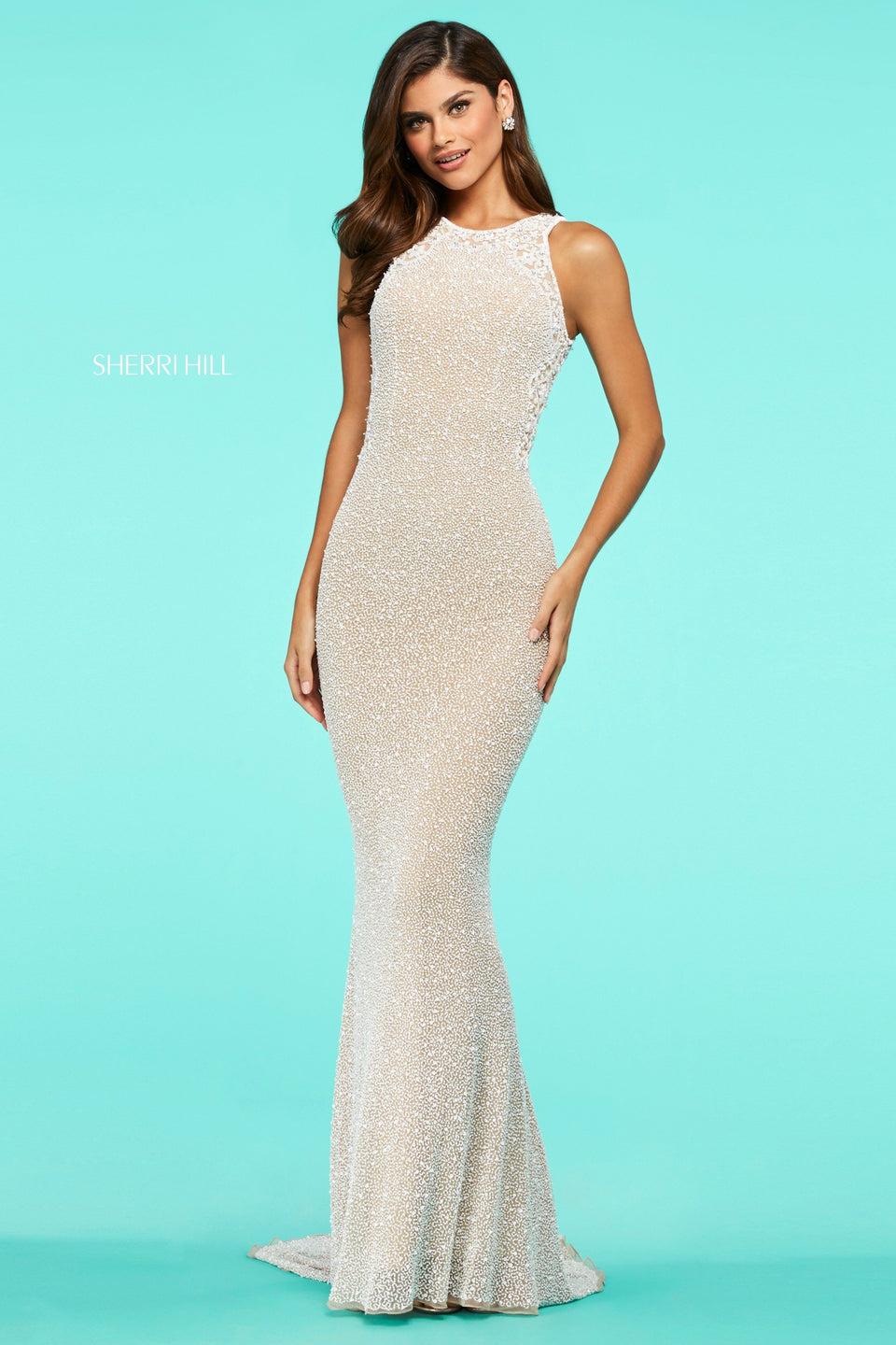 sherri hill Beaded fitted gown with lace high neckline and cut out back