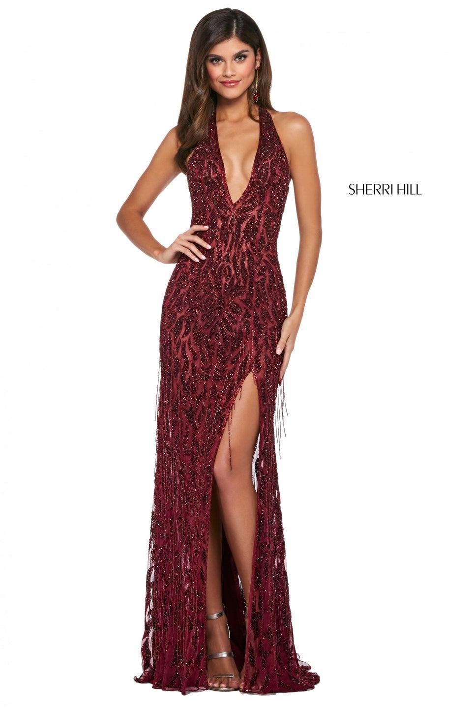 sherri hill Beaded fitted gown with plunging V halter neckline and beaded fringe