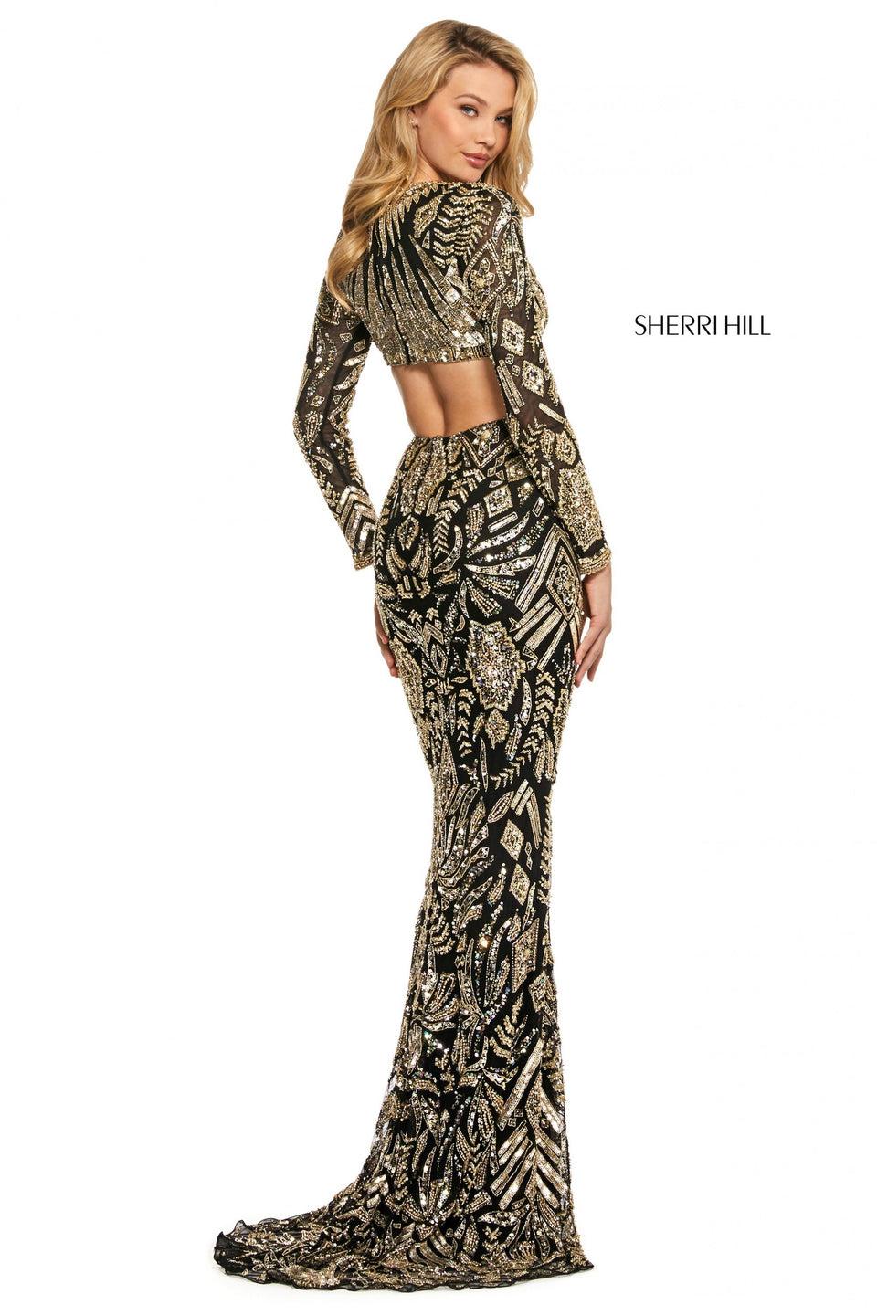 Sherri Hill Beaded Fitted Long Sleeve Dress With Plunging Neckline And Cut Out Back