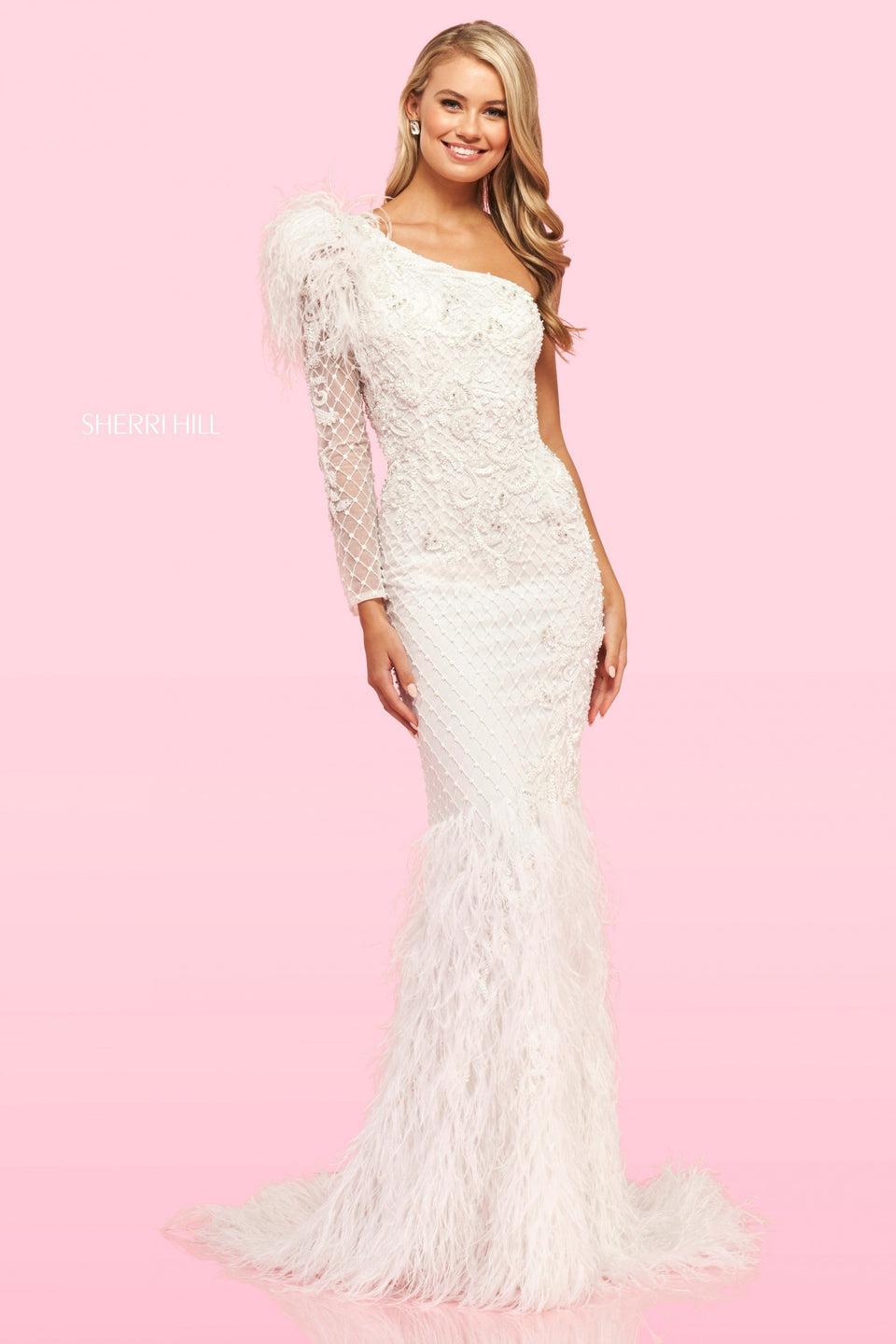Sherri Hill Beaded Fitted One Shoulder Gown With Ostrich Feathers On Top Sleeve And On The Bottom Of The Gown