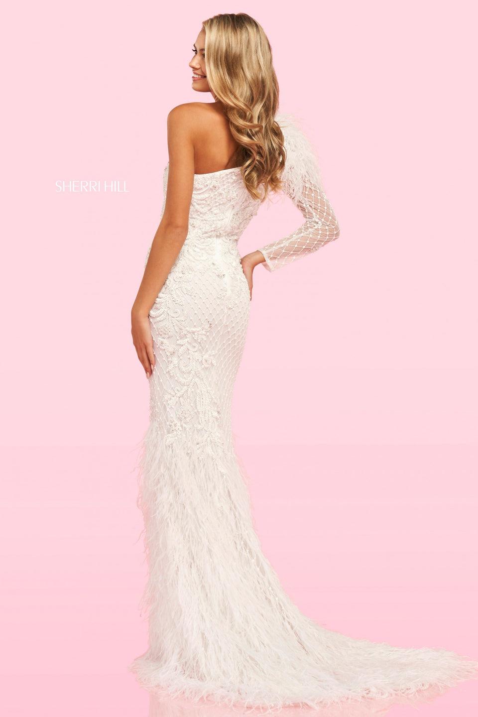 Sherri Hill Beaded Fitted One Shoulder Gown With Ostrich Feathers On Top Sleeve And On The Bottom Of The Gown