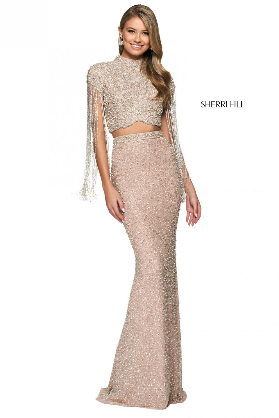 Sherri Hill Beaded Fitted Two Piece Gown With A High Neckline Bodice With Cap Sleeves With Long Beaded Fringe