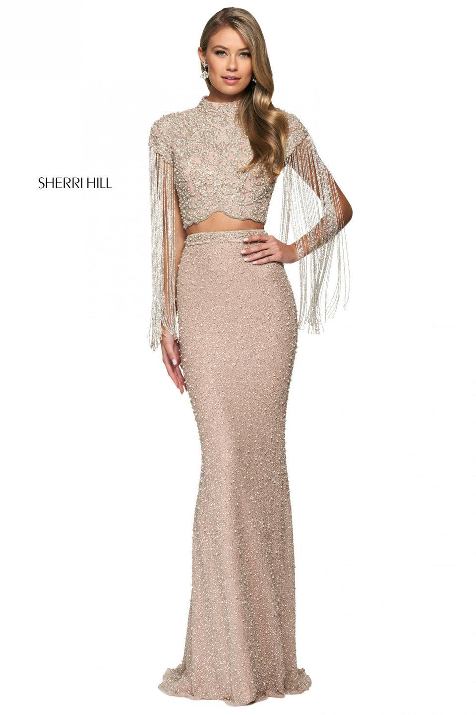 sherri hill Beaded fitted two piece gown with a high neckline bodice with cap sleeves with long beaded fringe