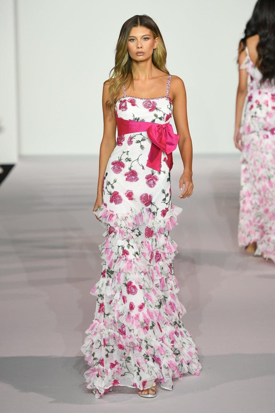 Sherri Hill Beaded Floral Gown With Ruffle Embellished Skirt And Bow On Bodice