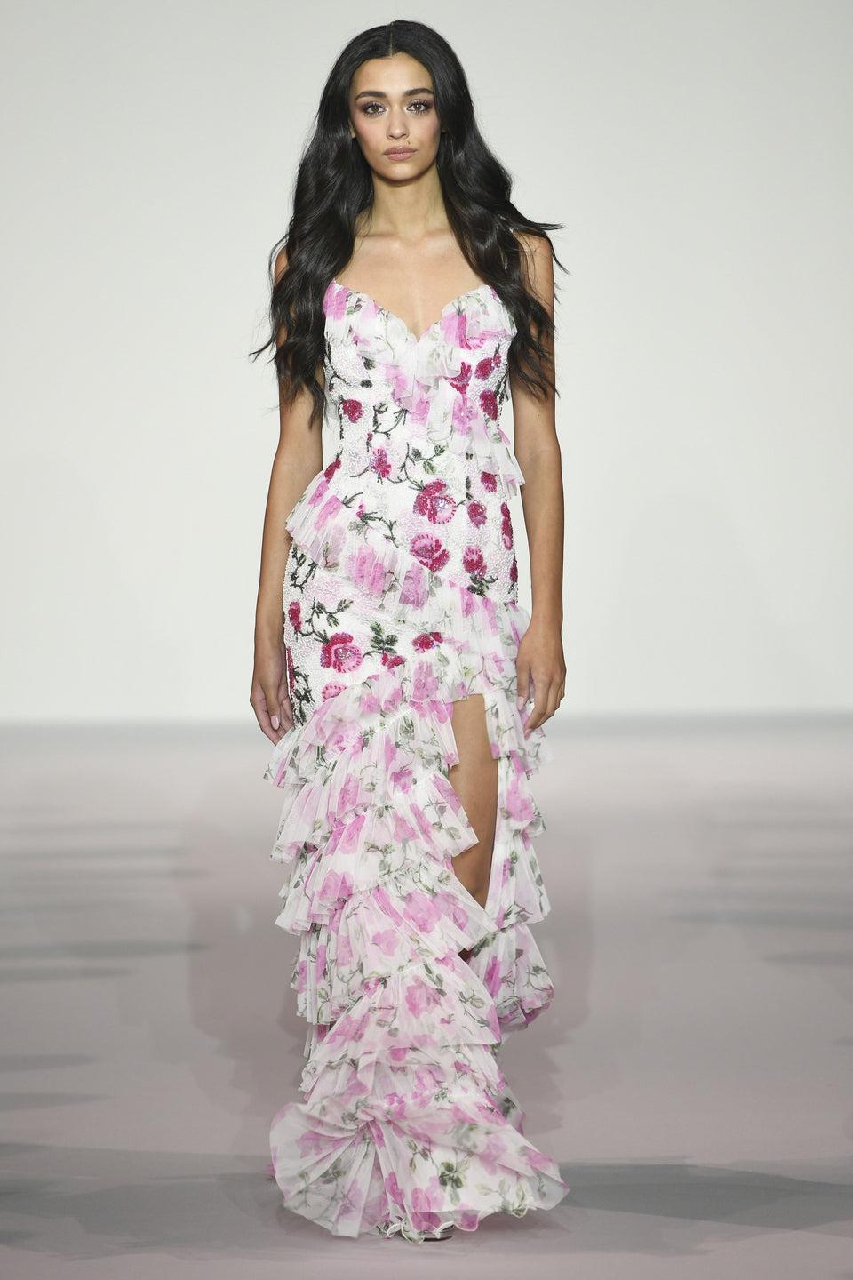 Sherri Hill Beaded Floral Gown With Ruffle Embellishments And A High Slit