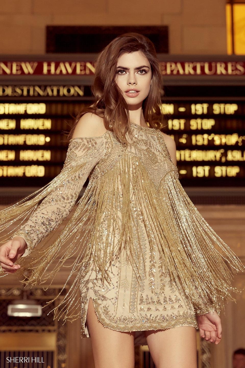 Sherri Hill Beaded Fringe Cocktail Dress With A Cold Shoulder Neckline Long Sleeves And An Open Back