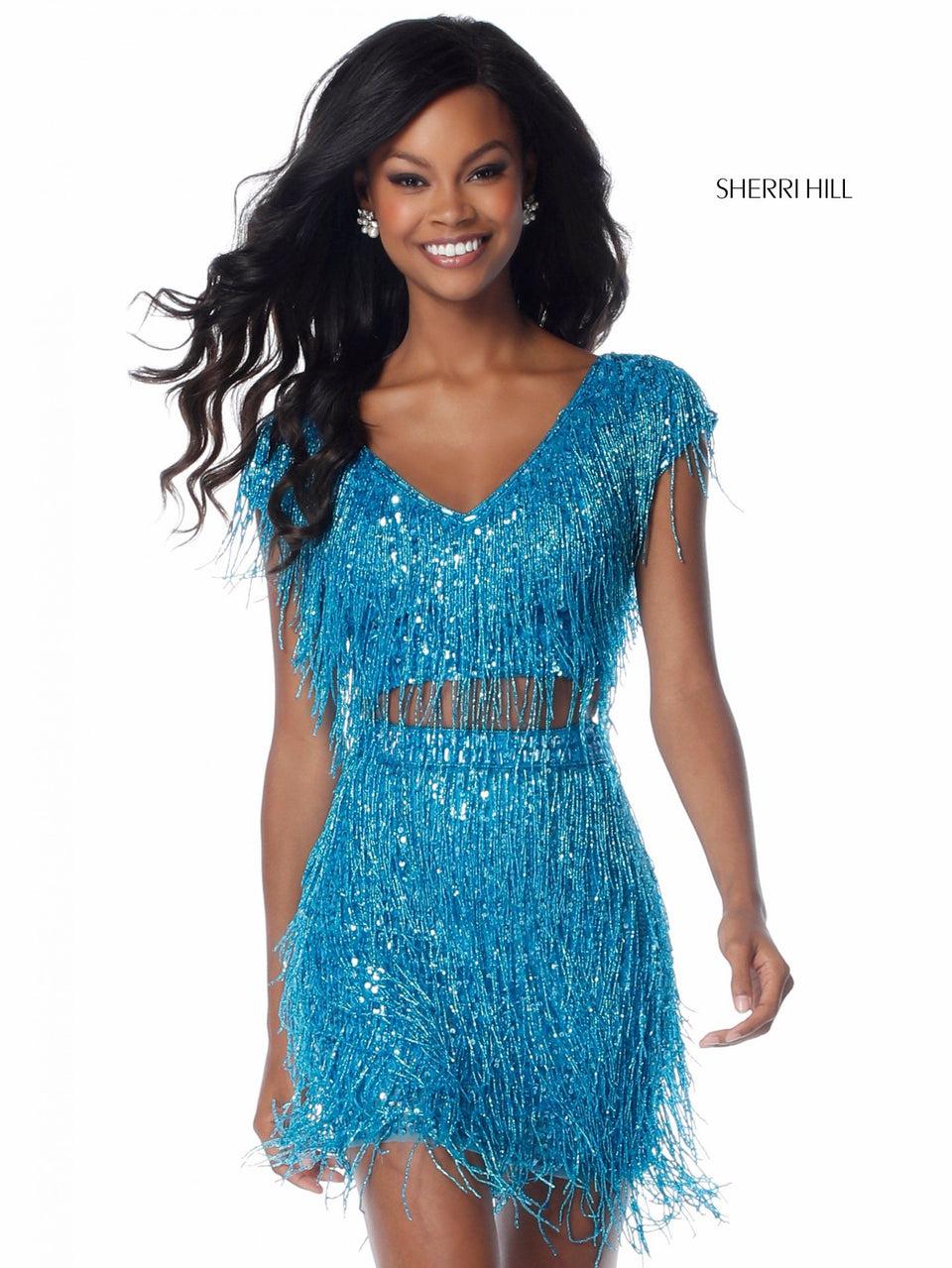 sherri hill Beaded fringe two piece with V neck and cap sleeve bodice