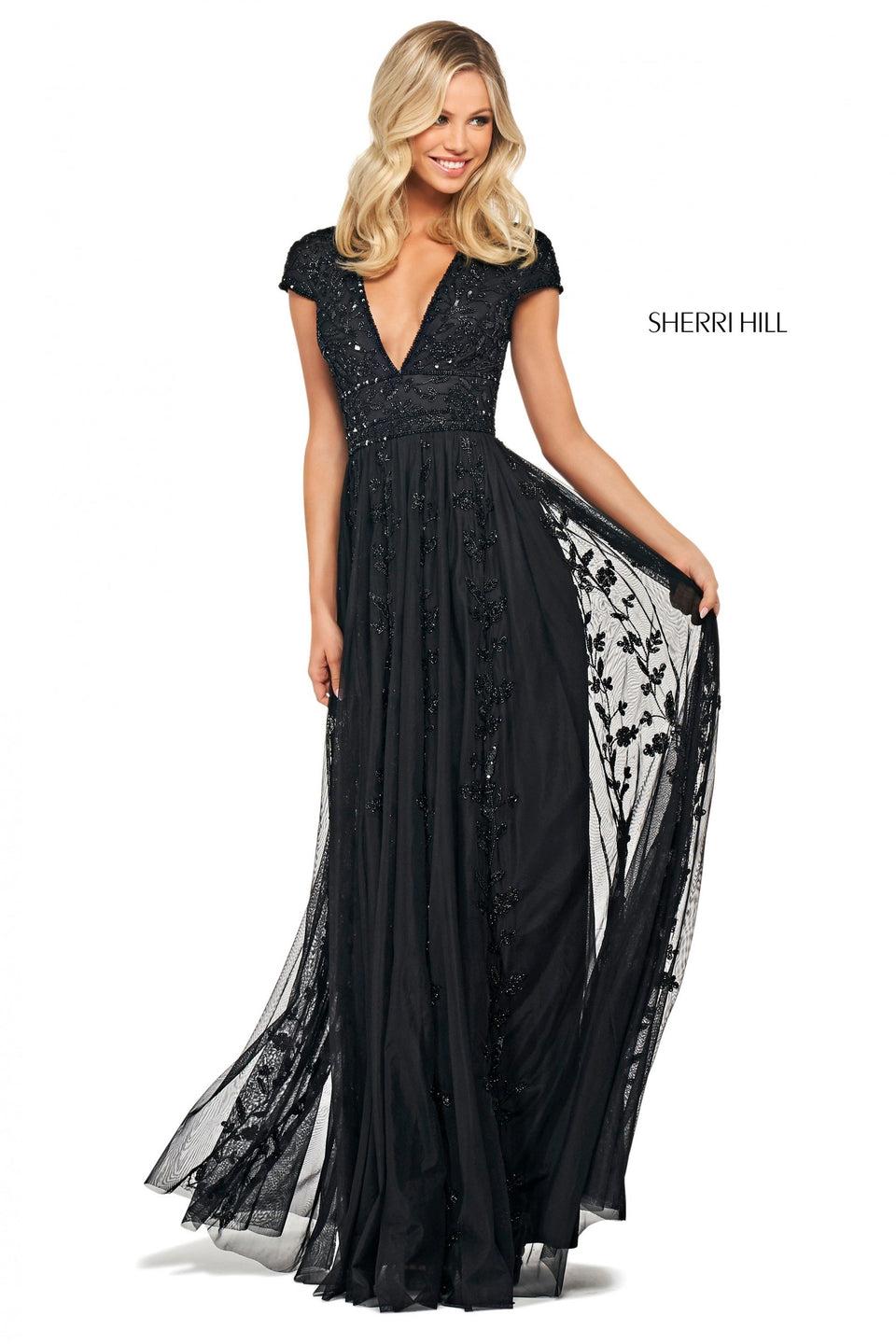 sherri hill Beaded gown with cap sleeves and deep V neckline with open back