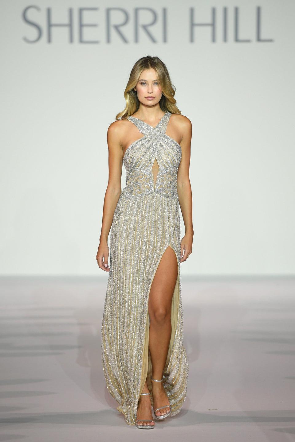 Sherri Hill Beaded Gown With Criss Cross Neckline And Skirt Slit
