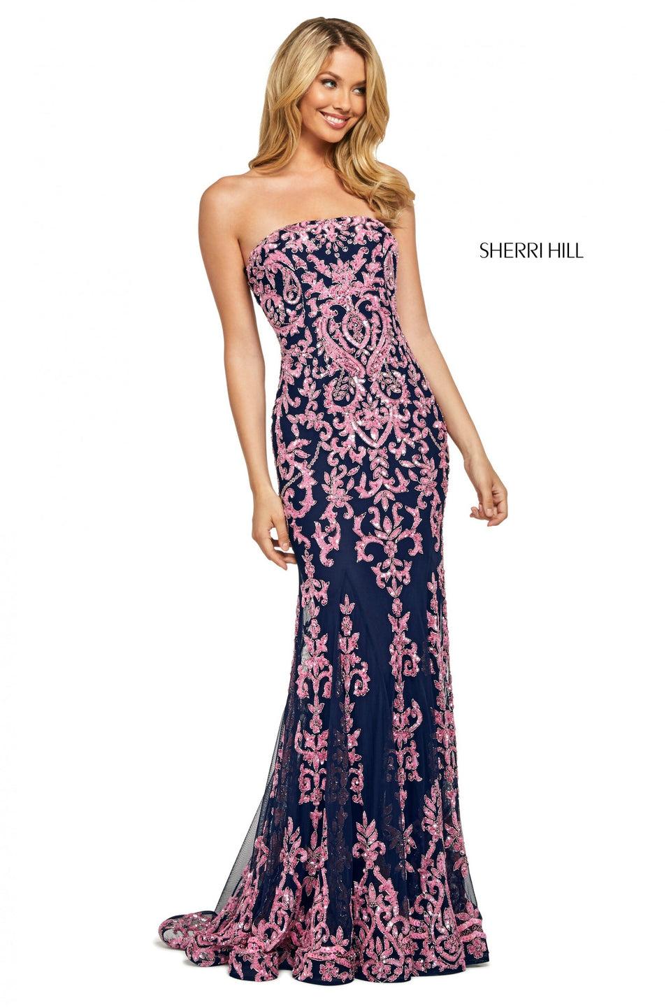 sherri hill Beaded gown with strapless neckline and lace up back