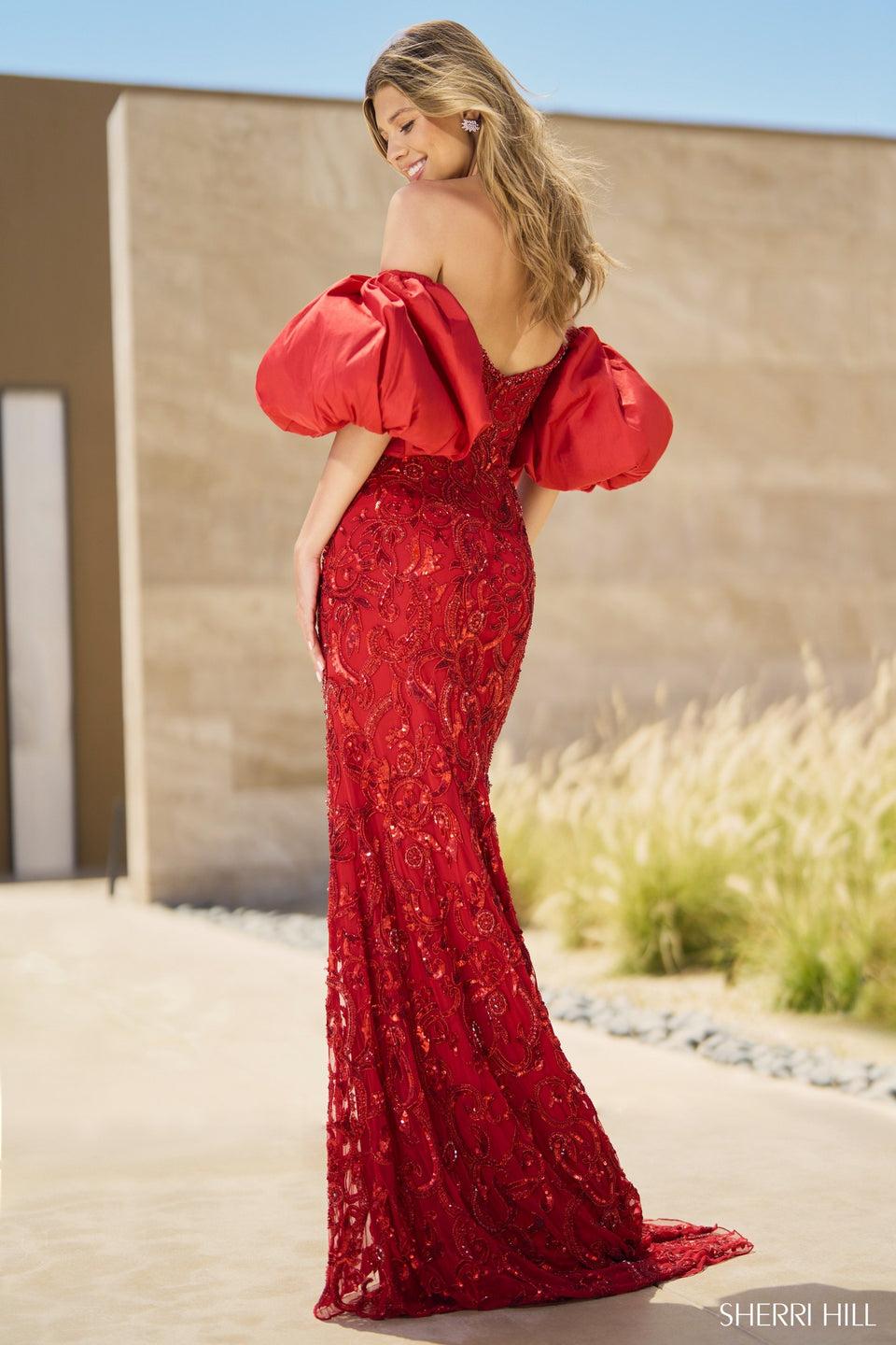 Sherri Hill Beaded Gown With Taffeta Ballon Sleeves
