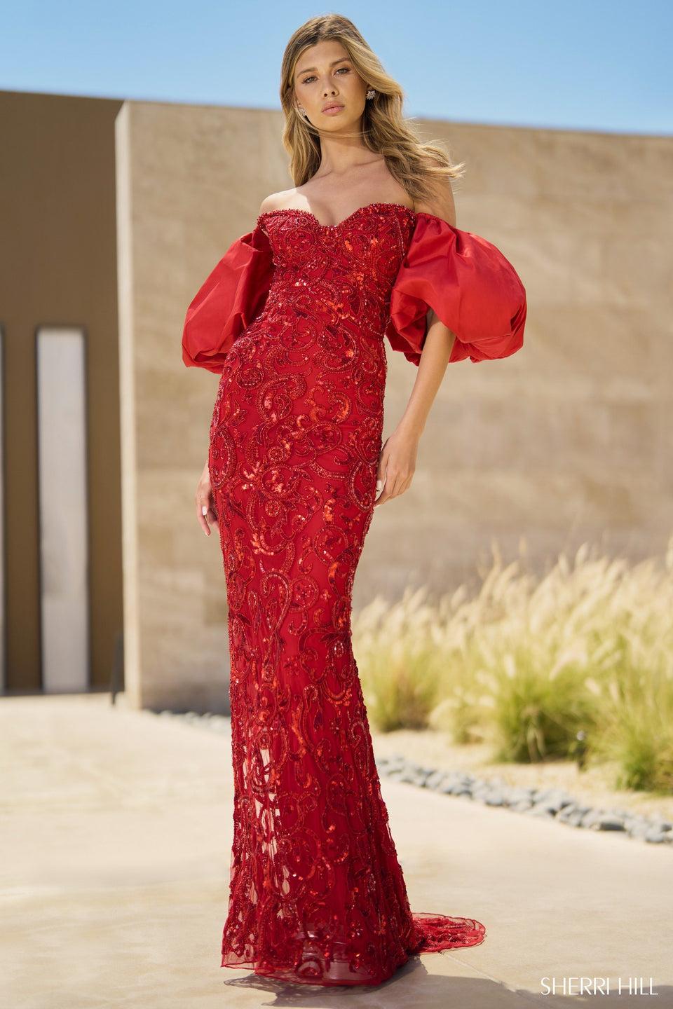 sherri hill Beaded gown with taffeta ballon sleeves