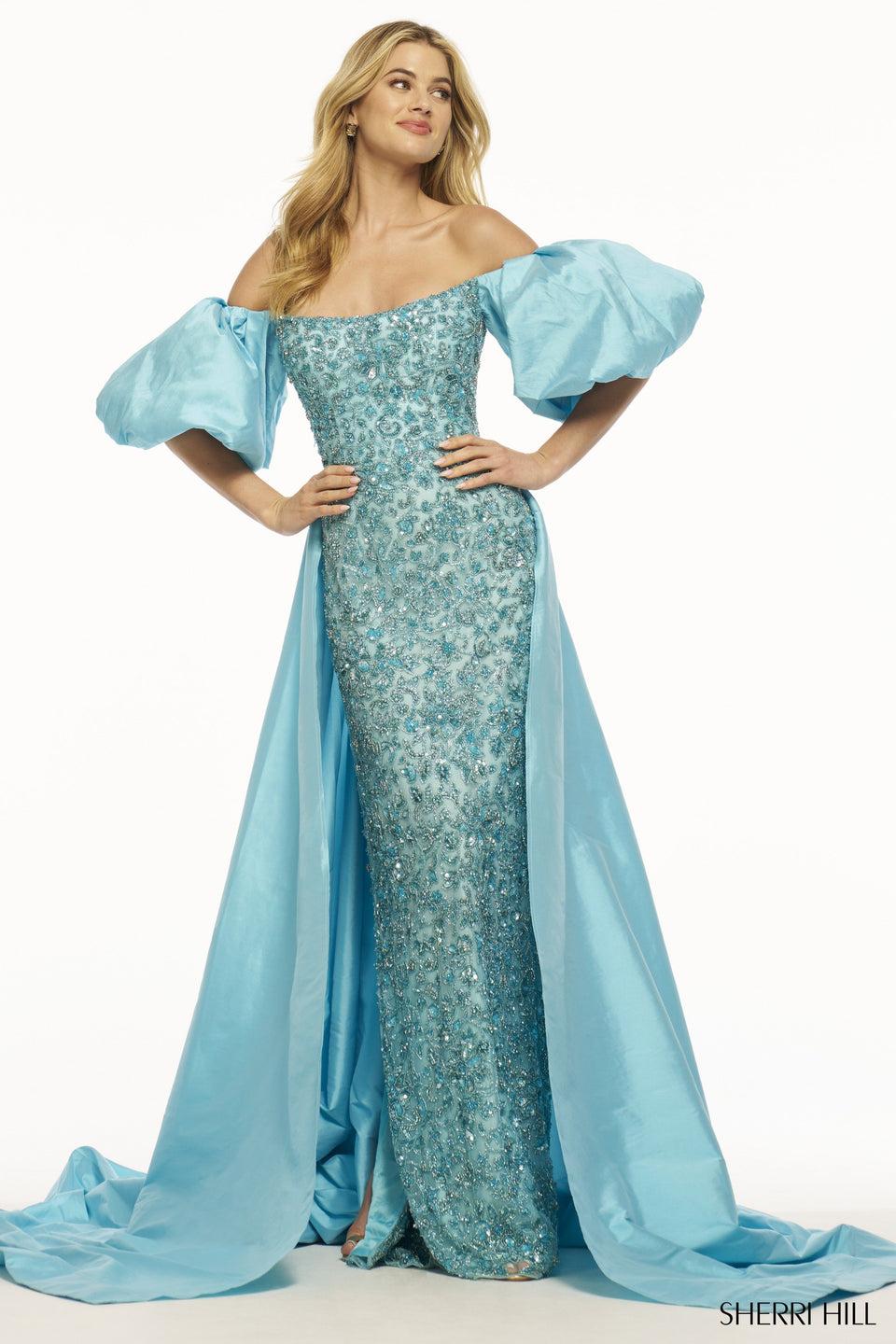 Sherri Hill Beaded Gown With Taffeta Over Skirt And Ballon Sleeves