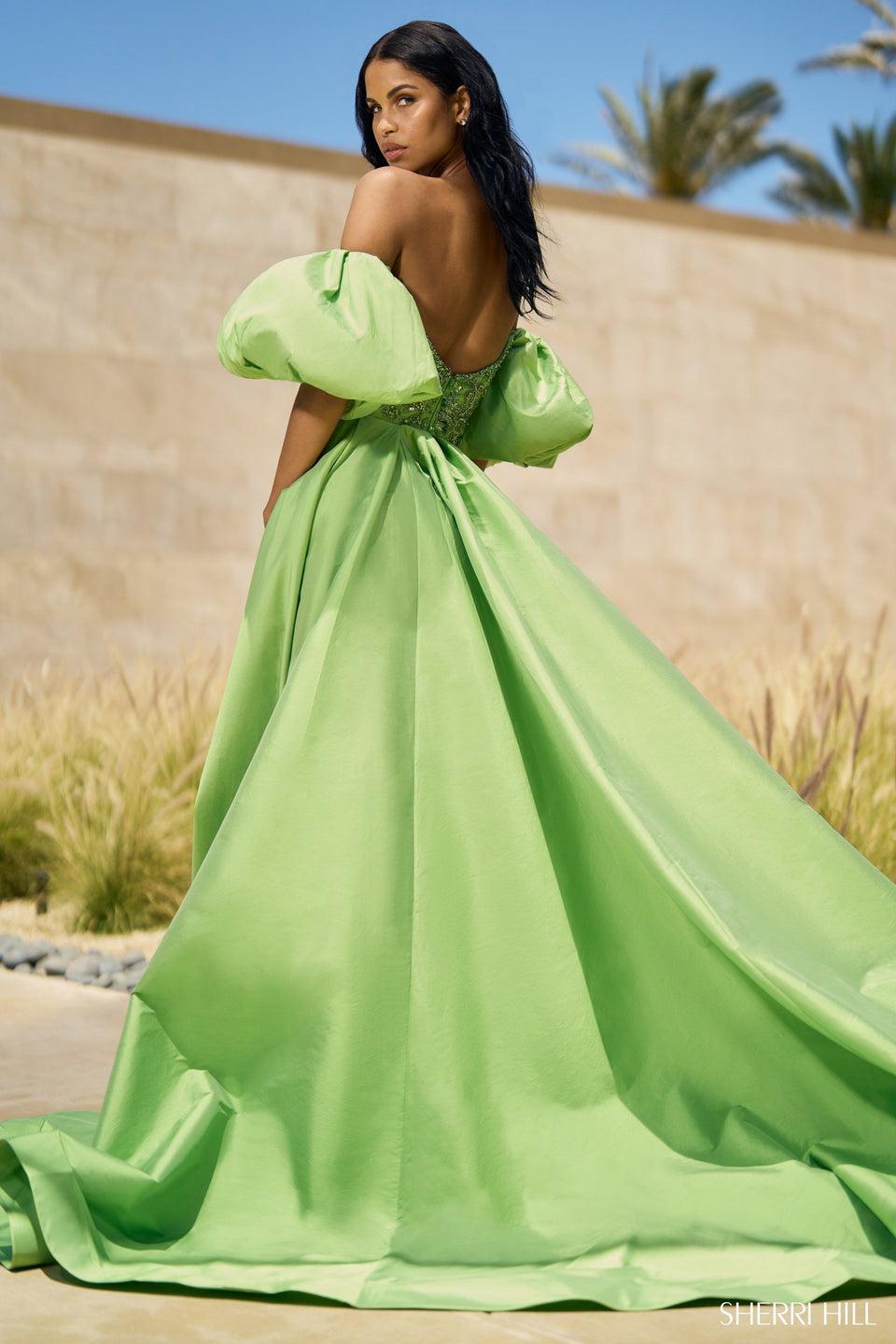 Sherri Hill Beaded Gown With Taffeta Over Skirt And Ballon Sleeves