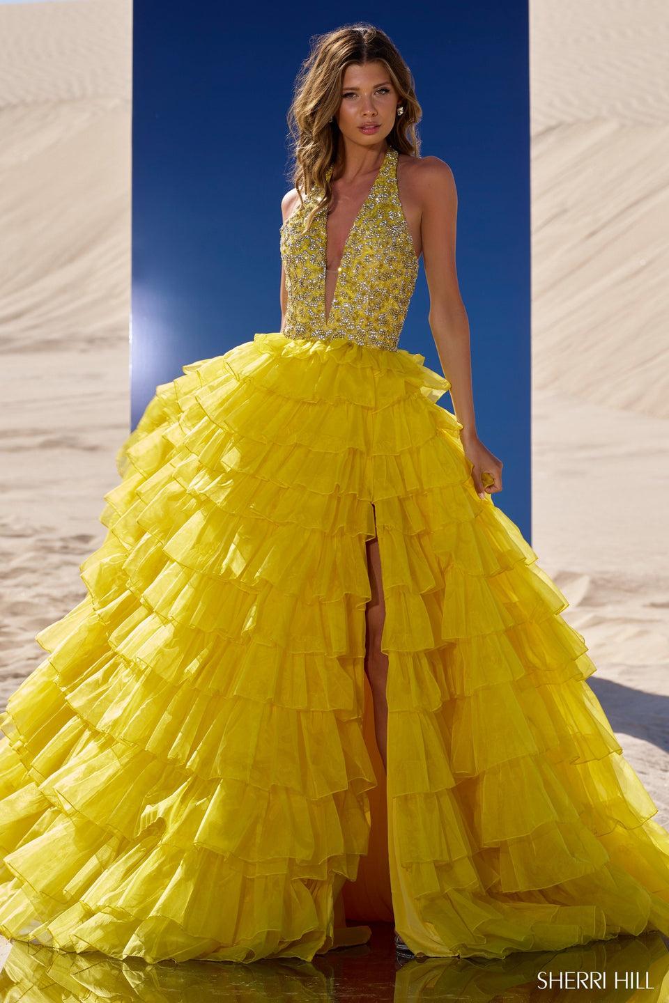 Sherri Hill Beaded Halter Ball Gown With Deep V-neckline And Organza Ruffle Skirt With High Slit