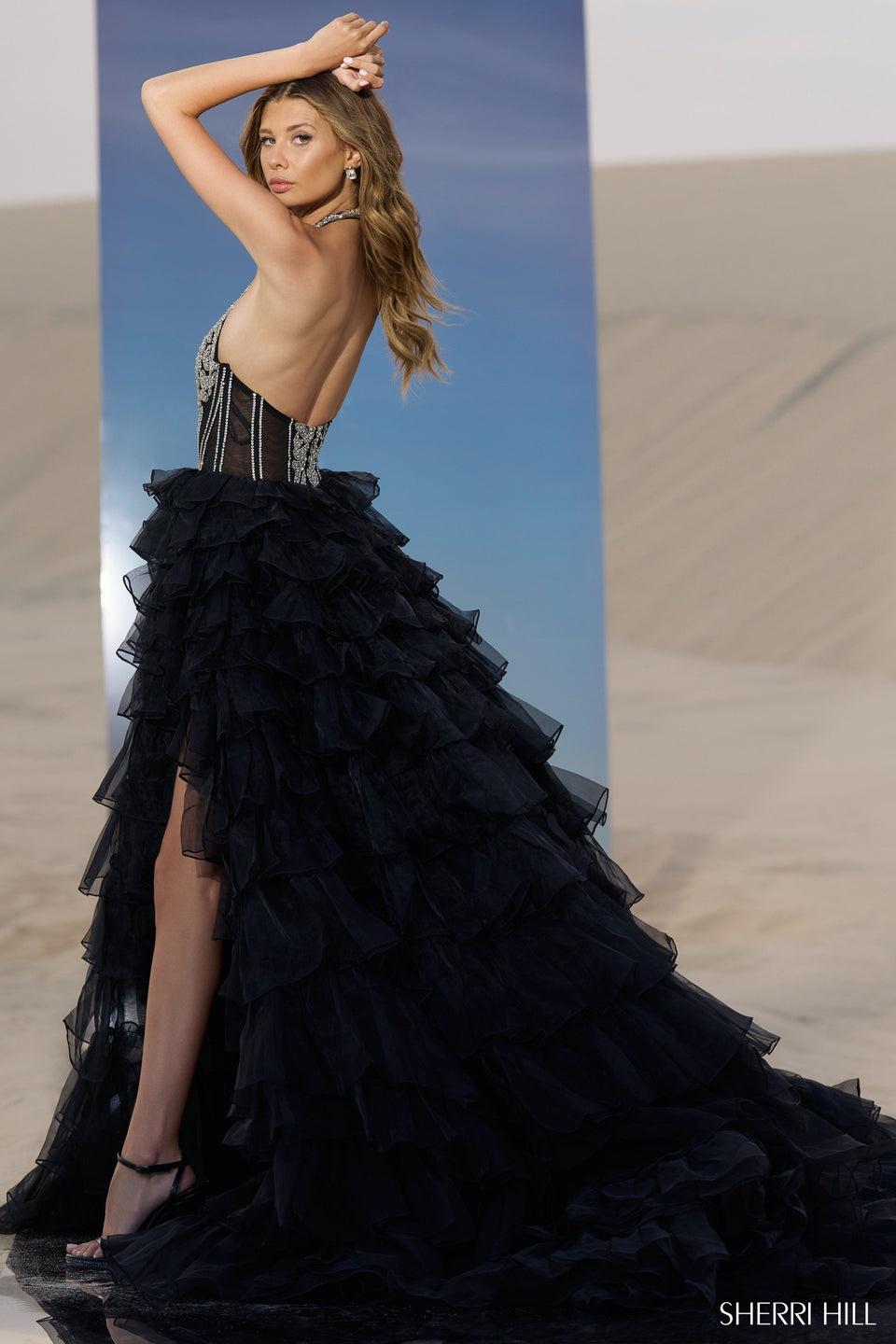 Sherri Hill Beaded Halter Ball Gown With Deep V-Neckline Organza Ruffles And Skirt Slit