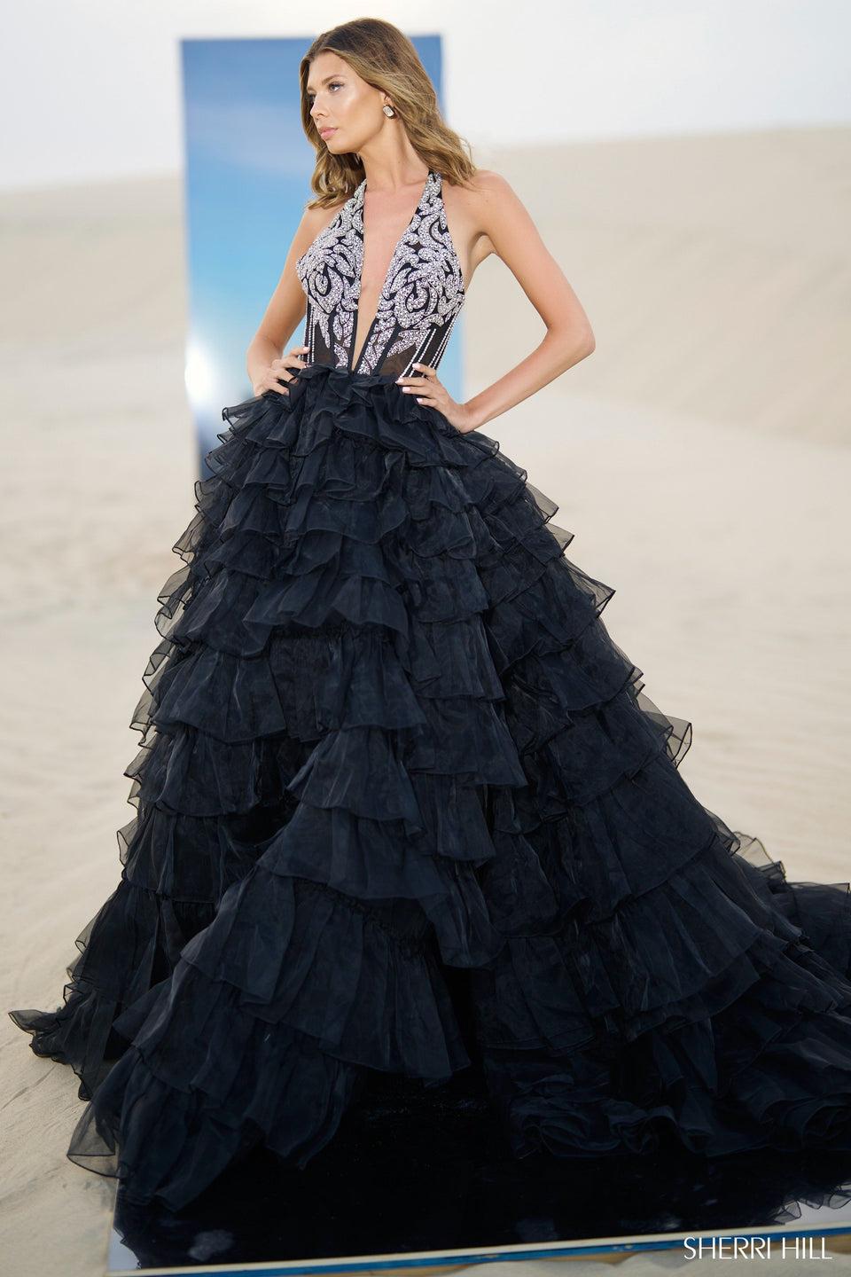 sherri hill Beaded halter ball gown with deep V-Neckline organza ruffles and skirt slit