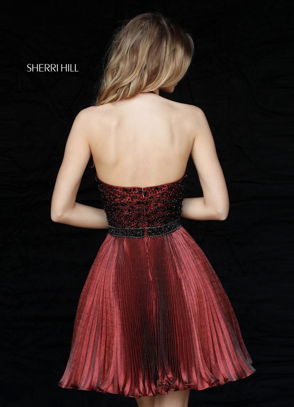 Sherri Hill Beaded Halter Bodice With Pleated Metallic Organza Skirt