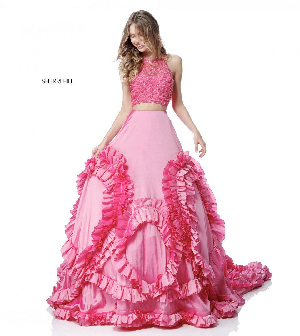 Sherri Hill Beaded Halter Bodice With Ruffled Taffeta Ball Gown Skirt
