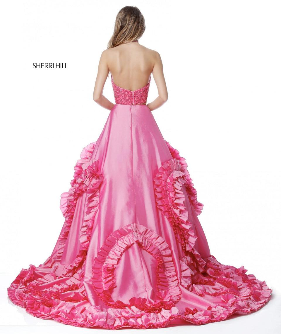 Sherri Hill Beaded Halter Bodice With Ruffled Taffeta Ball Gown Skirt