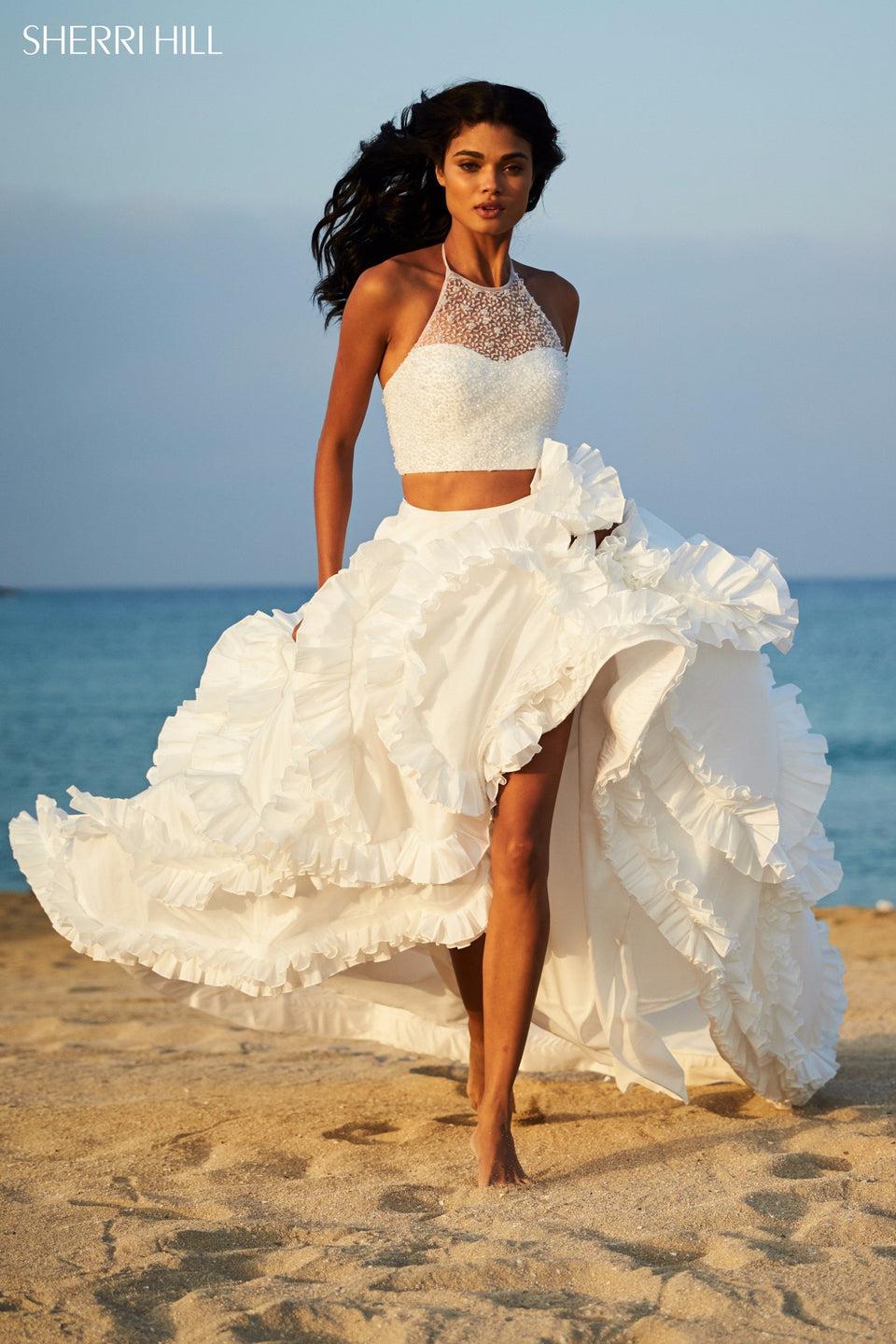 sherri hill Beaded halter bodice with ruffled taffeta ball gown skirt